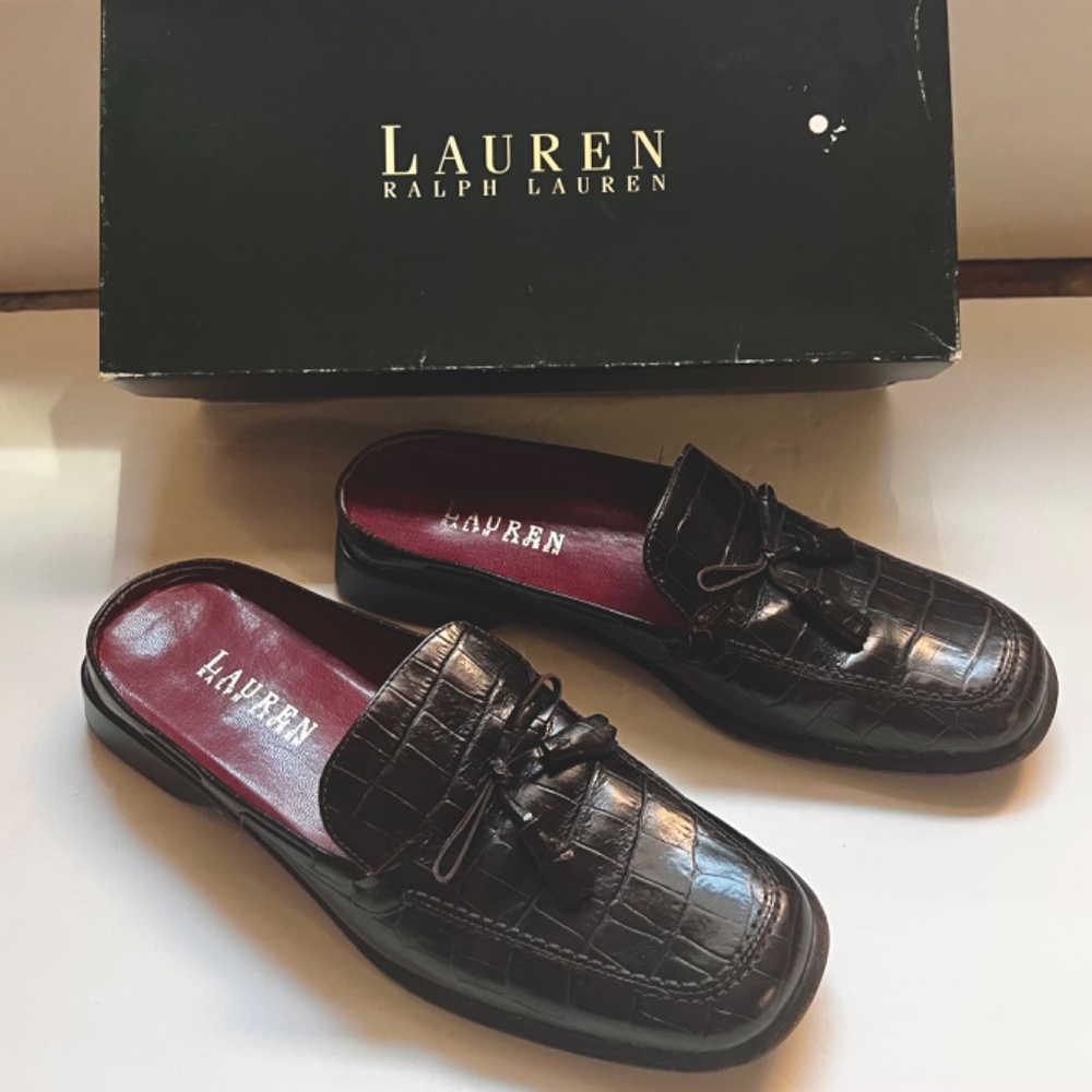 Ralph Lauren "Lauren" Dark Brown Faux Croc slides 7.5